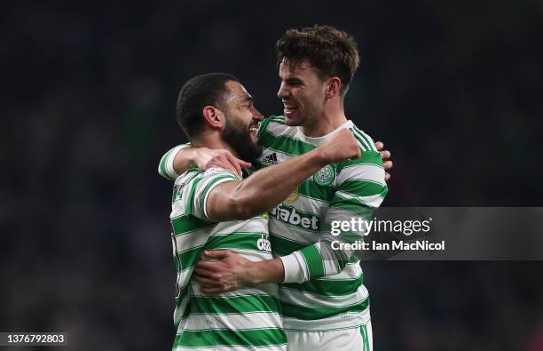 Cameron Carter-Vickers celebrates with teammate Matt O'Riley of Celtic after scoring their team's first goal during the Cinch Scottish Premiership...