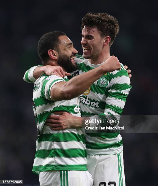 Cameron Carter-Vickers celebrates with teammate Matt O'Riley of Celtic after scoring their team's first goal during the Cinch Scottish Premiership...