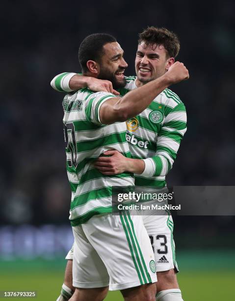 Cameron Carter-Vickers celebrates with teammate Matt O'Riley of Celtic after scoring their team's first goal during the Cinch Scottish Premiership...