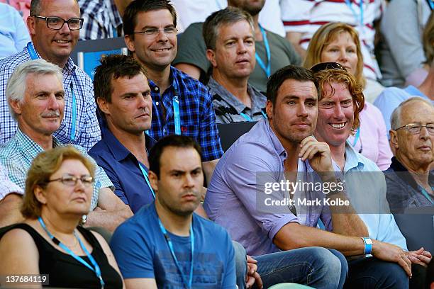 Former AFL coach Michael Malthouse, former AFL players and current commentators Luke Darcy, Matthew Richardson and Cameron Ling watch the quarter...