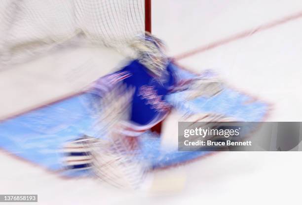 Igor Shesterkin of the New York Rangers skates in warm-ups prior to the game against the St. Louis Blues at Madison Square Garden on March 02, 2022...
