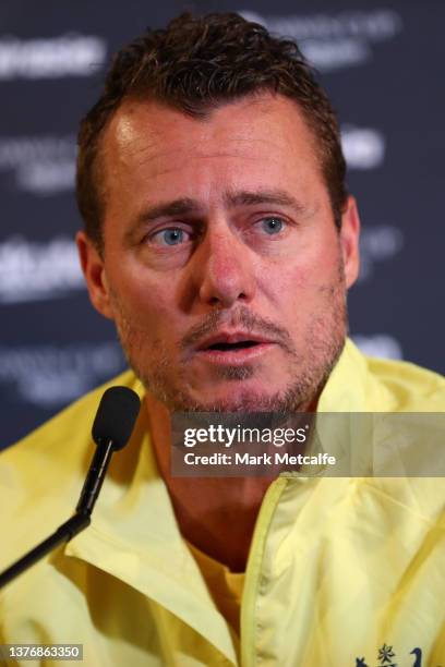 Australian Davis Cup captain Lleyton Hewitt speaks to media during a press conference at the Rocks ahead of the 2022 Davis Cup Qualifier between...