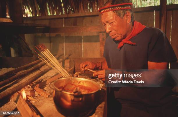 Cofan shaman prepares curare, an arrow and dart poison known throughout the Amazon as the flying death, Rio Aguarico, Ecuador, 2009.