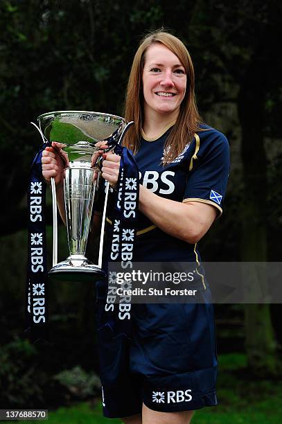 Susie Brown of Scotland poses with the Women's Six Nations Trophy during the Six Nations Launch at The Hurlingham Club on January 25, 2012 in London,...