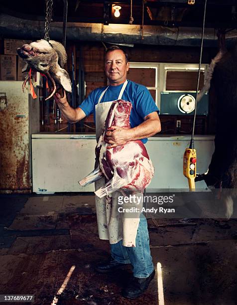 portrait of man with butchered deer. - butcher portrait imagens e fotografias de stock