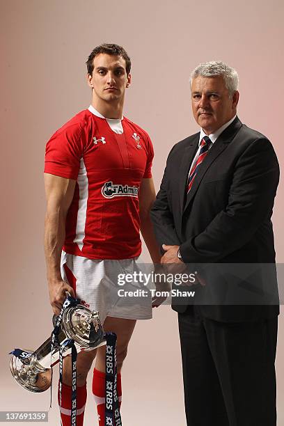 Sam Warburton of Wales and Head Coach Warren Gatland of Wales poses with the RBS Six Nations Trophy during the RBS Six Nations Launch at The...