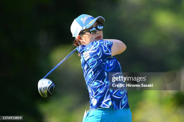 Hiroko Azuma of Japan hits her tee shot on the 12th hole during the first round of the Daikin Orchid Ladies at Ryukyu Golf Club on March 3, 2022 in...