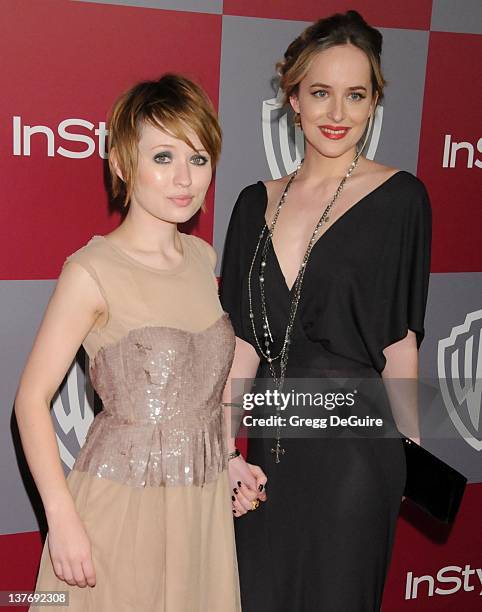 Emily Browning and Dakota Johnson arrive at the 12th Annual Warner Bros. And Instyle Post-Golden Globe Party at the Beverly Hilton Hotel on January...