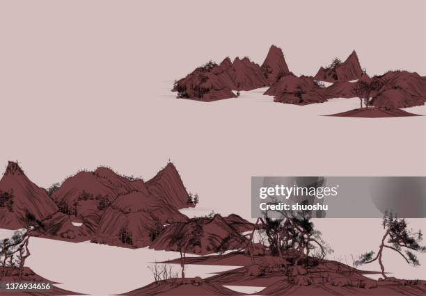 traditionelle chinesische landschaftsmalerei im vintage-stil, berg- und flussillustration - chinese landscape stock-grafiken, -clipart, -cartoons und -symbole