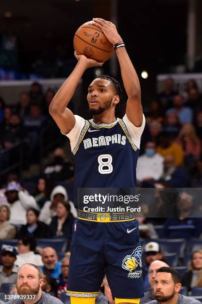 Ziaire Williams of the Memphis Grizzlies takes a shot during the game against the San Antonio Spurs at FedExForum on February 28, 2022 in Memphis,...