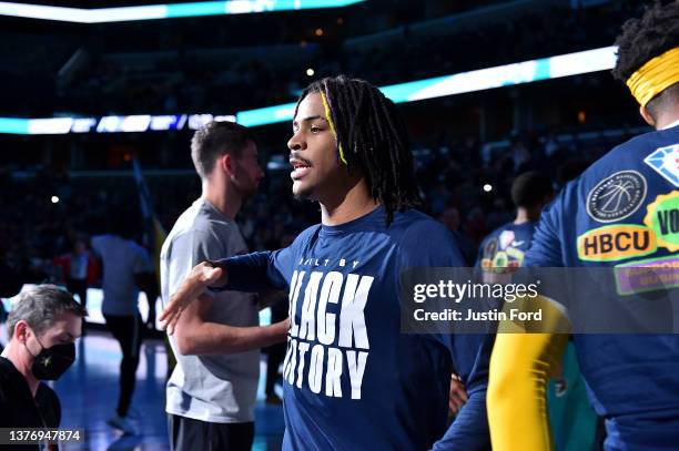 Ja Morant of the Memphis Grizzlies before the game against the San Antonio Spurs at FedExForum on February 28, 2022 in Memphis, Tennessee. NOTE TO...