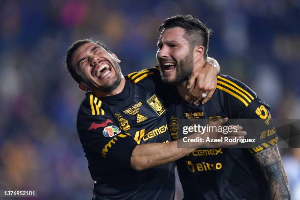 Juan Vigón of Tigres celebrates with teammate André-Pierre Gignac after scoring his team's second goal during the 8th round match between Tigres UANL...