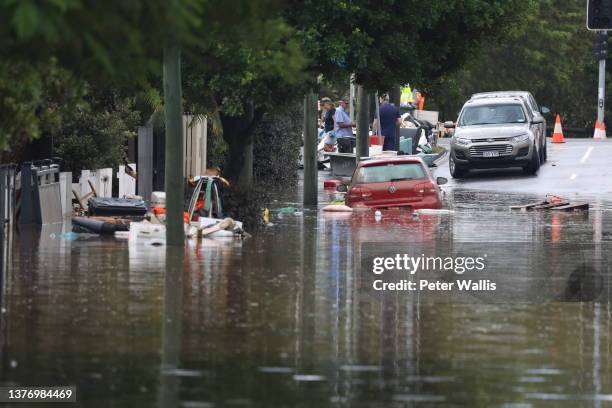 Floodwaters at Torwood Street, Auchenflower on March 03, 2022 in Brisbane, Australia. From Brisbane in Queensland to Lismore in northern New South...