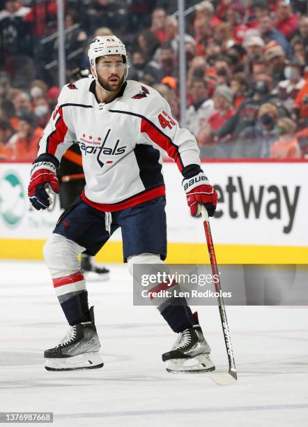 Tom Wilson of the Washington Capitals skates against the Philadelphia Flyers at the Wells Fargo Center on February 26, 2022 in Philadelphia,...