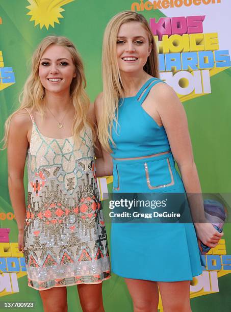 Actress AnnaSophia Robb and actress Lorraine Nicholson arrive on the orange carpet at the Nickelodeon Kids' Choice Awards 2011 at USC's Galen Center,...