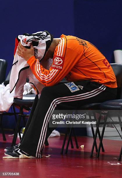 Silvio Heinevetter of Germany looks dejected after losing 32-33 the Men's European Handball Championship second round group one match between Poland...