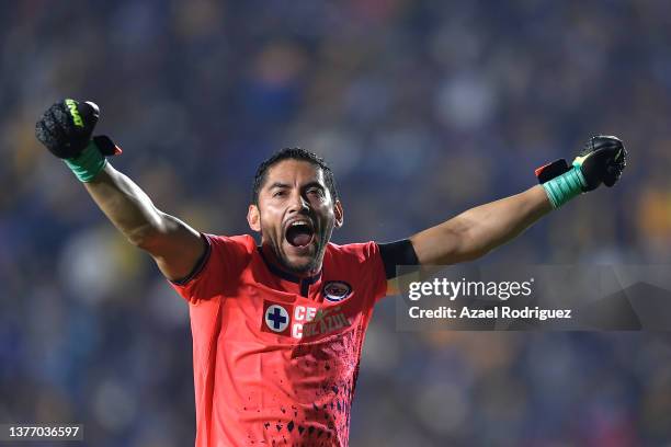 Jesús Corona of Cruz Azul celebrates after teammate José Rivero scored his team's second goal during the 8th round match between Tigres UANL and Cruz...