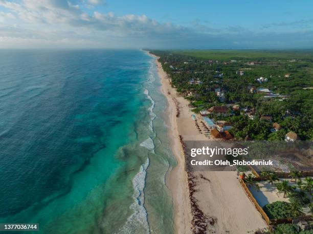 vista aérea de la playa de tulum al atardecer - cancun fotografías e imágenes de stock