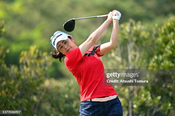 Shinobu Moromizato of Japan hits her tee shot on the 4th hole during the first round of the Daikin Orchid Ladies at Ryukyu Golf Club on March 3, 2022...