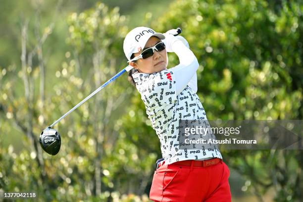 Ayako Uehara of Japan hits her tee shot on the 4th hole during the first round of the Daikin Orchid Ladies at Ryukyu Golf Club on March 3, 2022 in...