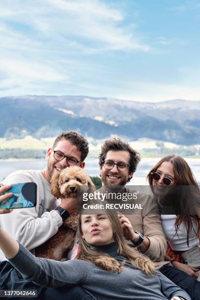 friends taking a selfie with their dog at a glamping in the mountains - canine stock pictures, royalty-free photos & images