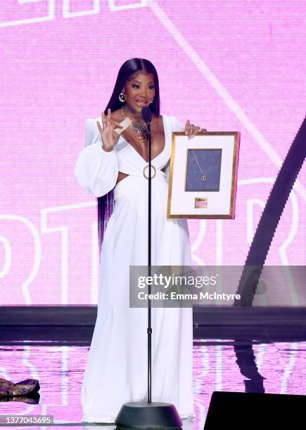 Summer Walker accepts the Chart Breaker Award onstage during Billboard Women in Music 2022 at YouTube Theater on March 02, 2022 in Inglewood,...