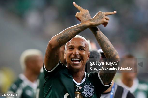 Deyverson of Palmeiras celebrates after defeating Athletico Paranaense by 1-0in during the final second leg match between Palmeiras and Athletico...