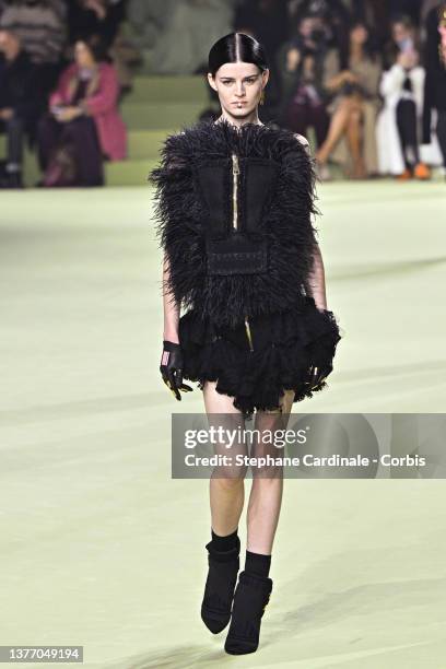 Model walks the runway during the Balmain Womenswear Fall/Winter 2022-2023 show at Carreaux Du Temple as part of Paris Fashion Week on March 02, 2022...