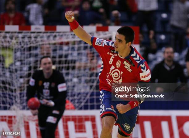 Zarko Sesum of Serbia celebrates a goal during the Men's European Handball Championship 2012 second round group one match between Serbia and...