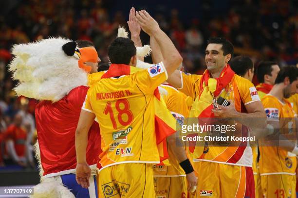 Kiril Lazarov of Macedonia celebrates the 22-19 victory after the Men's European Handball Championship second round group one match between Serbia...