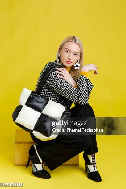 beautiful woman wearing fashion chic clothes - fashion model bag fotografías e imágenes de stock