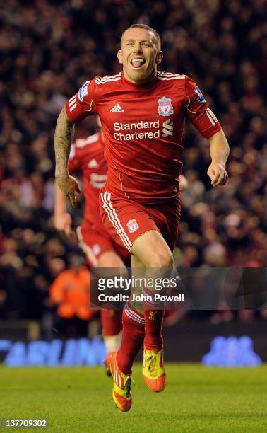 Craig Bellamy celebrates after scoring Liverpool's second goal during the Carling Cup semi final second leg between Liverpool and Manchester City at...