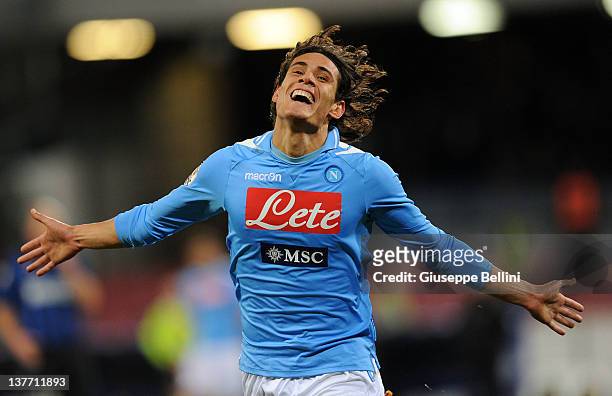 Edinson Cavani of Napoli celebrates after scoring the 2-0 goal during the Tim Cup match between SSC Napoli and FC Internazionale Milano at Stadio San...