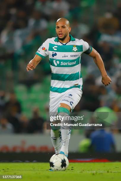 Matheus Doria of Santos controls the ball during the 8th round match between Santos Laguna and Pumas UNAM as part of the Torneo Grita Mexico C22 Liga...