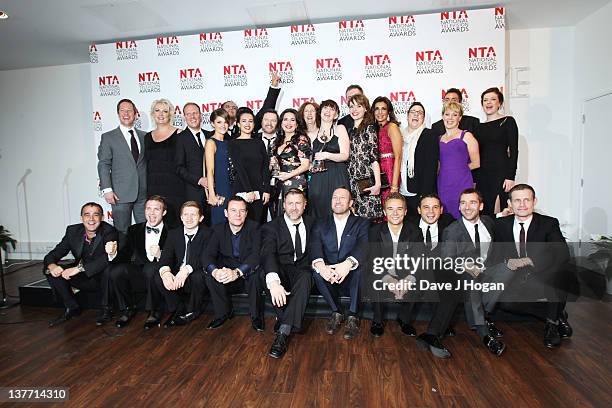 The cast and crew of Coronation Street pose in the press room at the National Television Awards 2012 at The O2 Arena on January 25th, 2012 in London,...