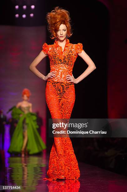 Model walks the runway during the Jean Paul Gaultier Spring/Summer 2012 Haute-Couture Show as part of Paris Fashion Week on January 25, 2012 in...