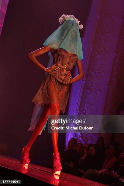 Model walks the runway during the Jean Paul Gaultier Spring/Summer 2012 Haute-Couture Show as part of Paris Fashion Week on January 25, 2012 in...
