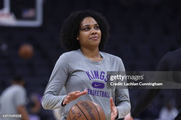 Sacramento Kings Assistant Coach for Player Development Lindsey Harding looks on during the warm up before the game against the Denver Nuggets at...