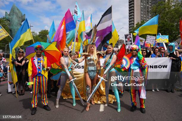 Participants gather for the Pride In London parade on July 1, 2023 in London, England. Pride in London is an annual LGBT+ festival and parade held...