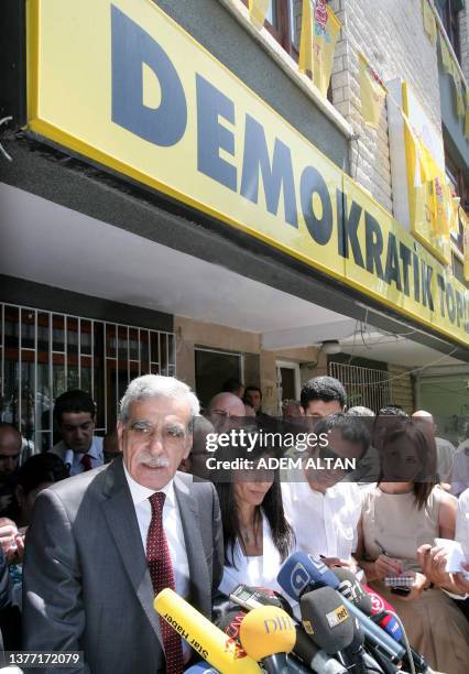 Ahmet Turk , leader of the Democratic Society Party, speaks to journalists after a meeting with Turkish Interior Minister Besir Atalay in Ankara on...