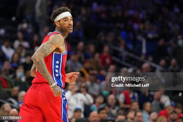 Willie Cauley-Stein of the Philadelphia 76ers looks on against the New York Knicks at the Wells Fargo Center on March 2, 2022 in Philadelphia,...