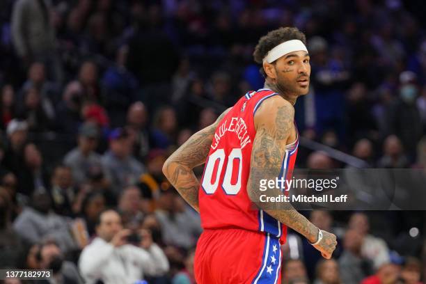 Willie Cauley-Stein of the Philadelphia 76ers looks on against the New York Knicks at the Wells Fargo Center on March 2, 2022 in Philadelphia,...