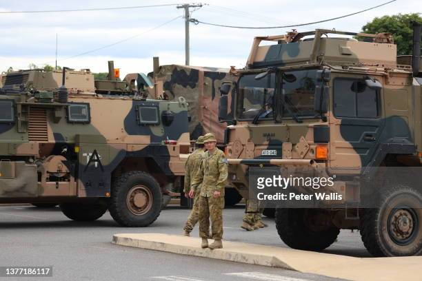 Members of the Australian Defence Force at a staging area in Gatton on March 03, 2022 in Brisbane, Australia. From Brisbane in Queensland to Lismore...
