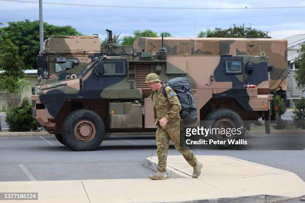 Members of the Australian Defence Force at a staging area in Gatton on March 03, 2022 in Brisbane, Australia. From Brisbane in Queensland to Lismore...