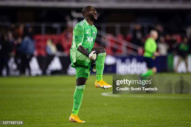 Bill Hamid of D.C. United celebrates after the MLS game against Charlotte FC at Audi Field on February 26, 2022 in Washington, DC.