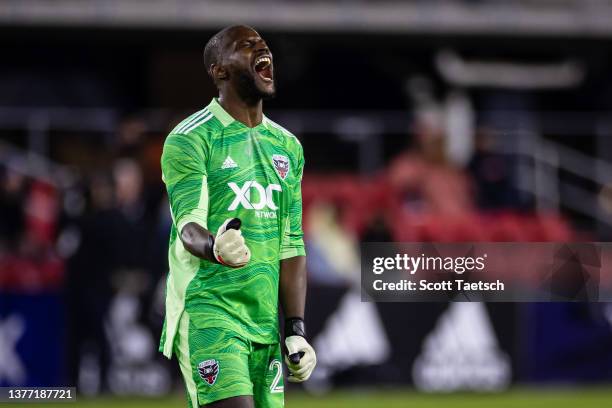 Bill Hamid of D.C. United celebrates after the MLS game against Charlotte FC at Audi Field on February 26, 2022 in Washington, DC.