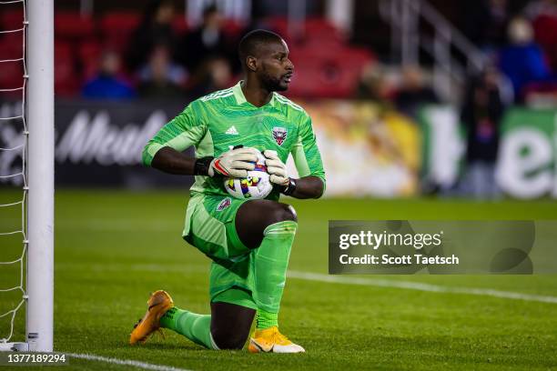Bill Hamid of D.C. United takes a knee after making a save against Charlotte FC during the second half of the MLS game at Audi Field on February 26,...