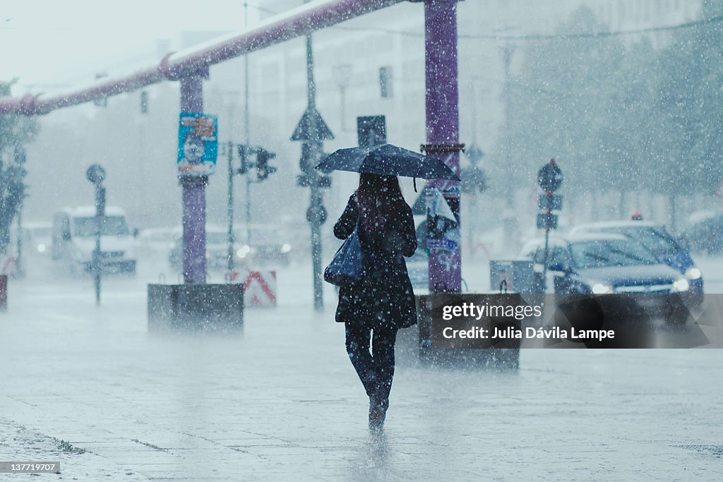 Woman walking in rain