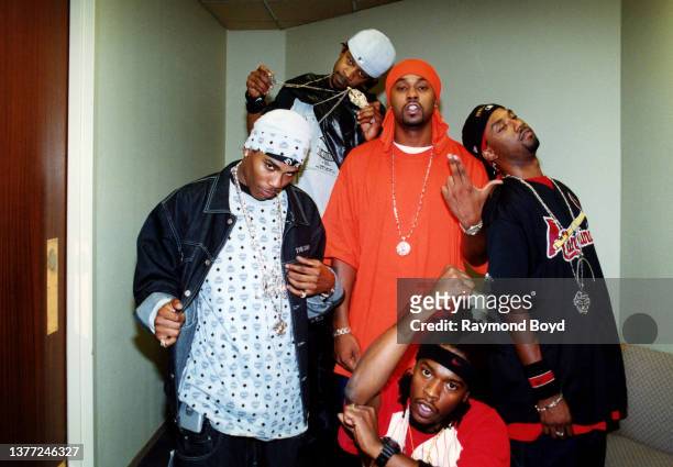 Group mascot Slo Down , rappers Nelly , Ali , Kyjuan and Murphy Lee of St. Lunatics poses for photos backstage after rehearsals for their performance...