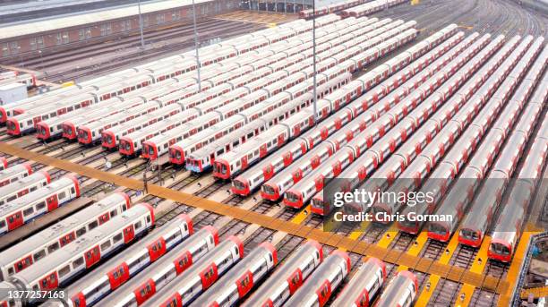 View of London underground trains at Neasden Railway depot as the underground is shut down due to strikes on March 1,2022 in London, England. The...